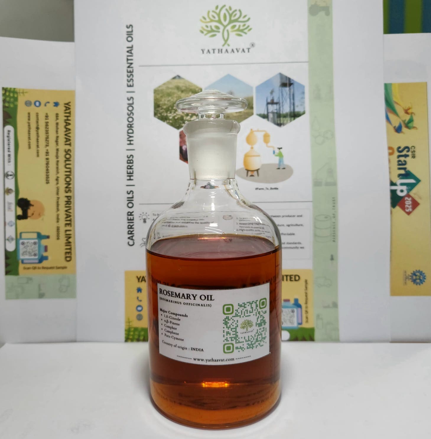 Yathaavat Rosemary essential oil, filtered, labeled and bottled